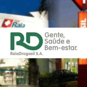 Logo da RaiaDrogasil aparece sobre fundo com foto de fachada das lojas, com o slogan "gente, saúde e bem-estar" ao lado do logo.