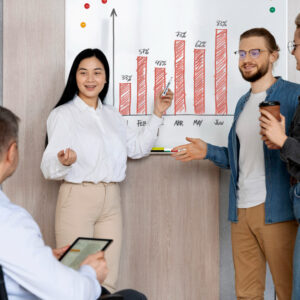 imagem de uma equipe apresentando as soluções de melhoria para empresa ao chefe - Santo Caos